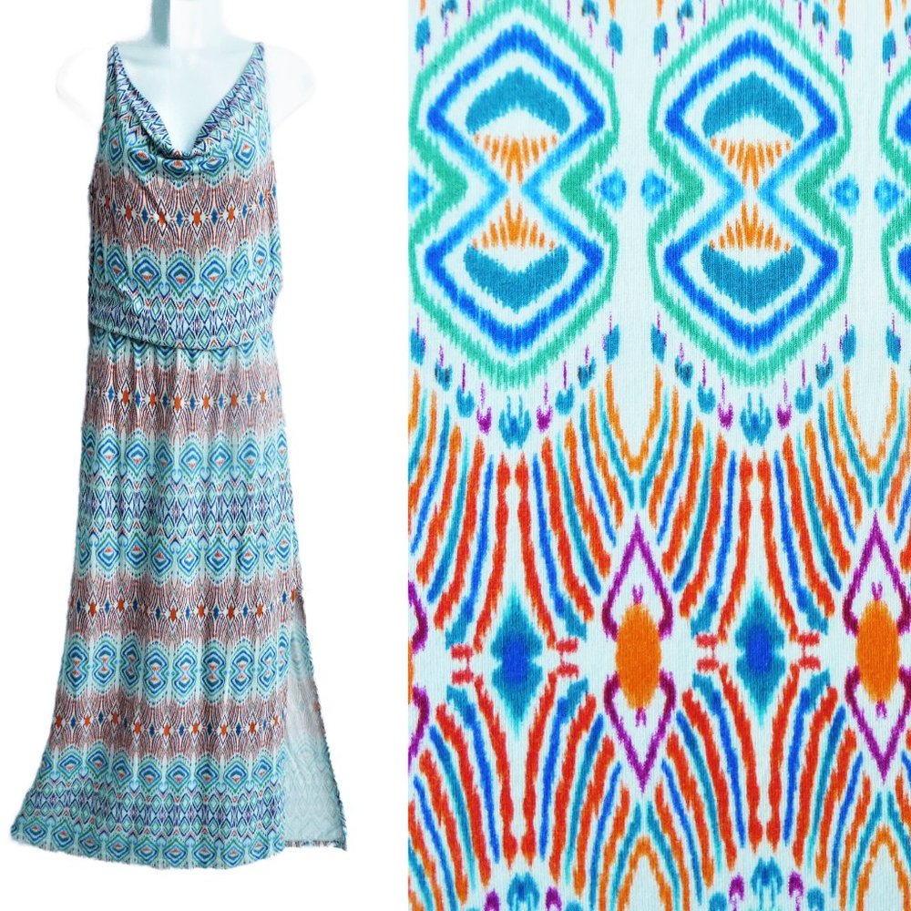 Cabi Maxi Dress Sun Aztec Drape Neckline Adj Straps Side Slit Stretch Knit M